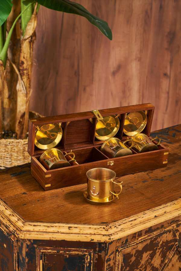 Brass 4-Cup Set in a Wooden Box 